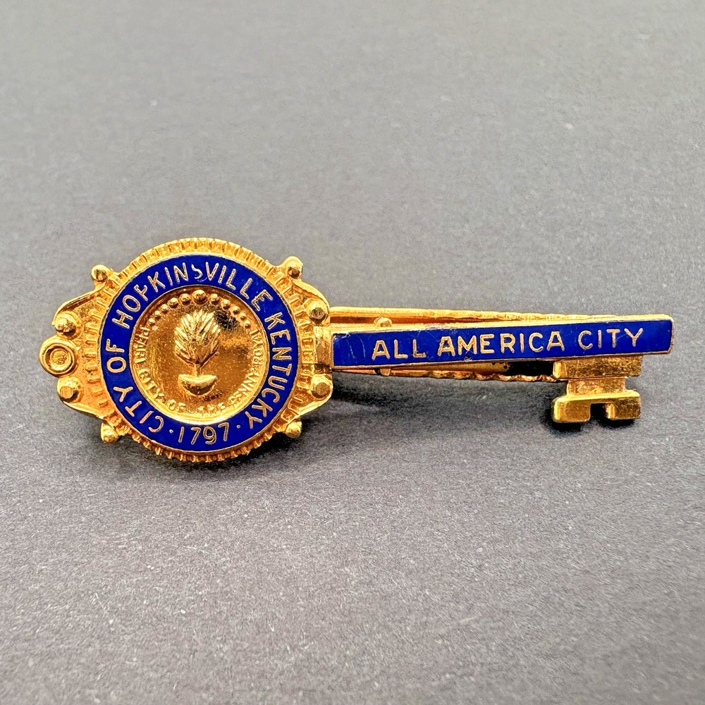 Vintage Hopkinsville Kentucky Tie Clip Key All America City Gold Tone Blue